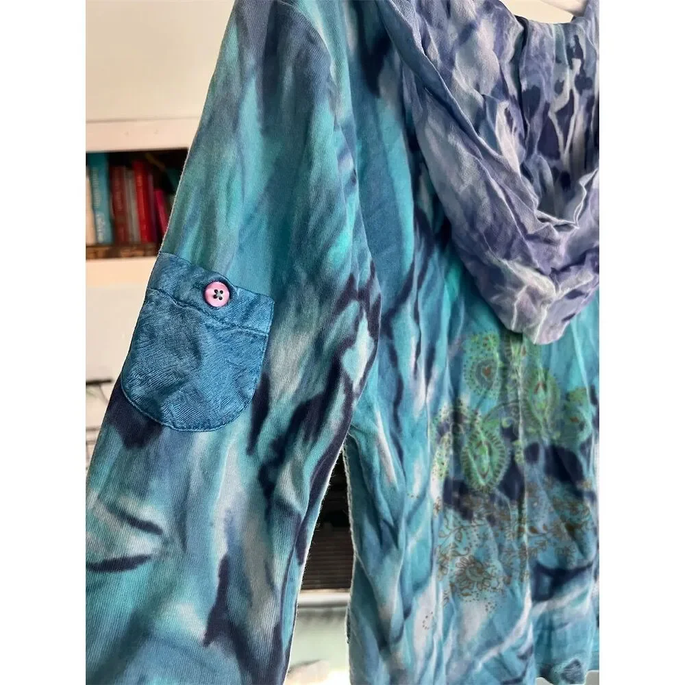 Forbidden Boho Women's Blue Tie Dye Pullover Hoodie (M) Beaded Casual Spring - Picture 3 of 5